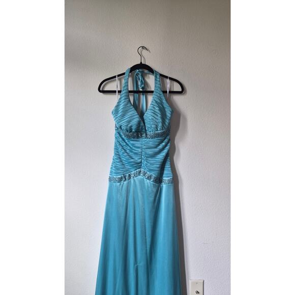 XOXO Light Blue Halter Beaded Maxi Dress - Picture 1 of 6